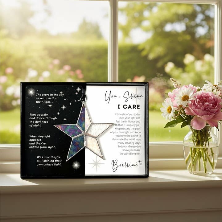 The Grandparent Gift Co. Inc. - Wholesale Keepsake Coin/Token - You + Shine: I Care Handmade Stained Glass Star 77051