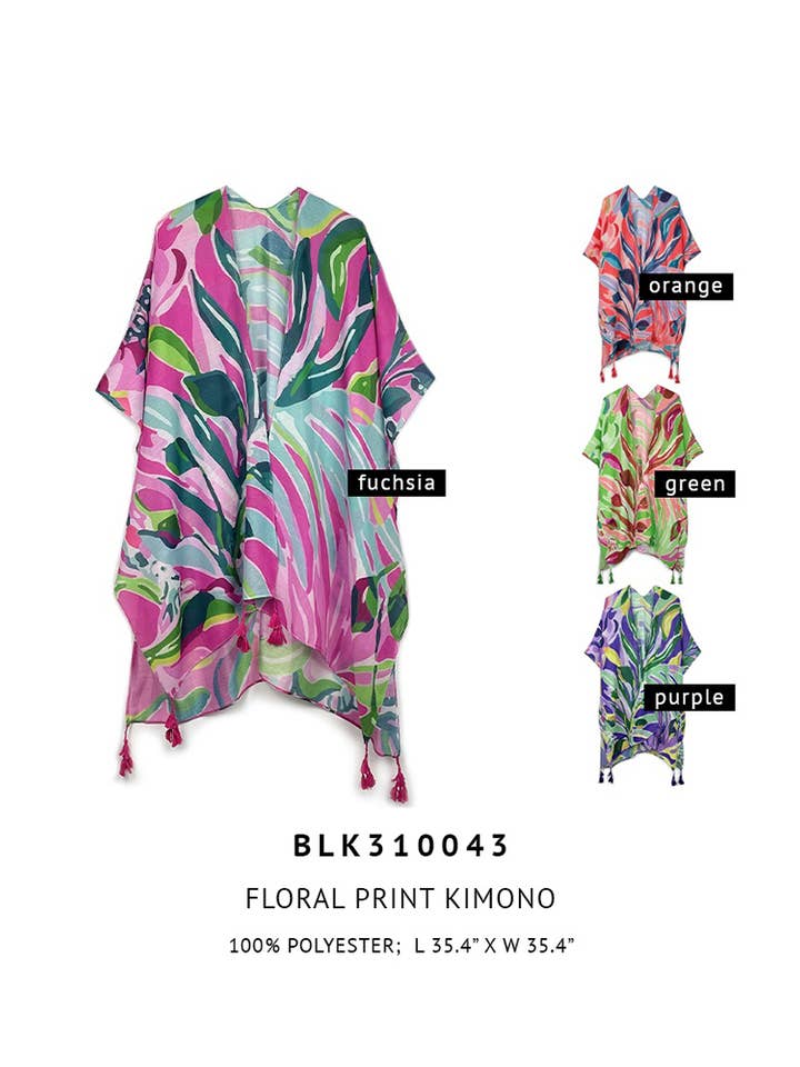 Hana - Wholesale Kimono - Women's - Floral Print Tassel Kimono