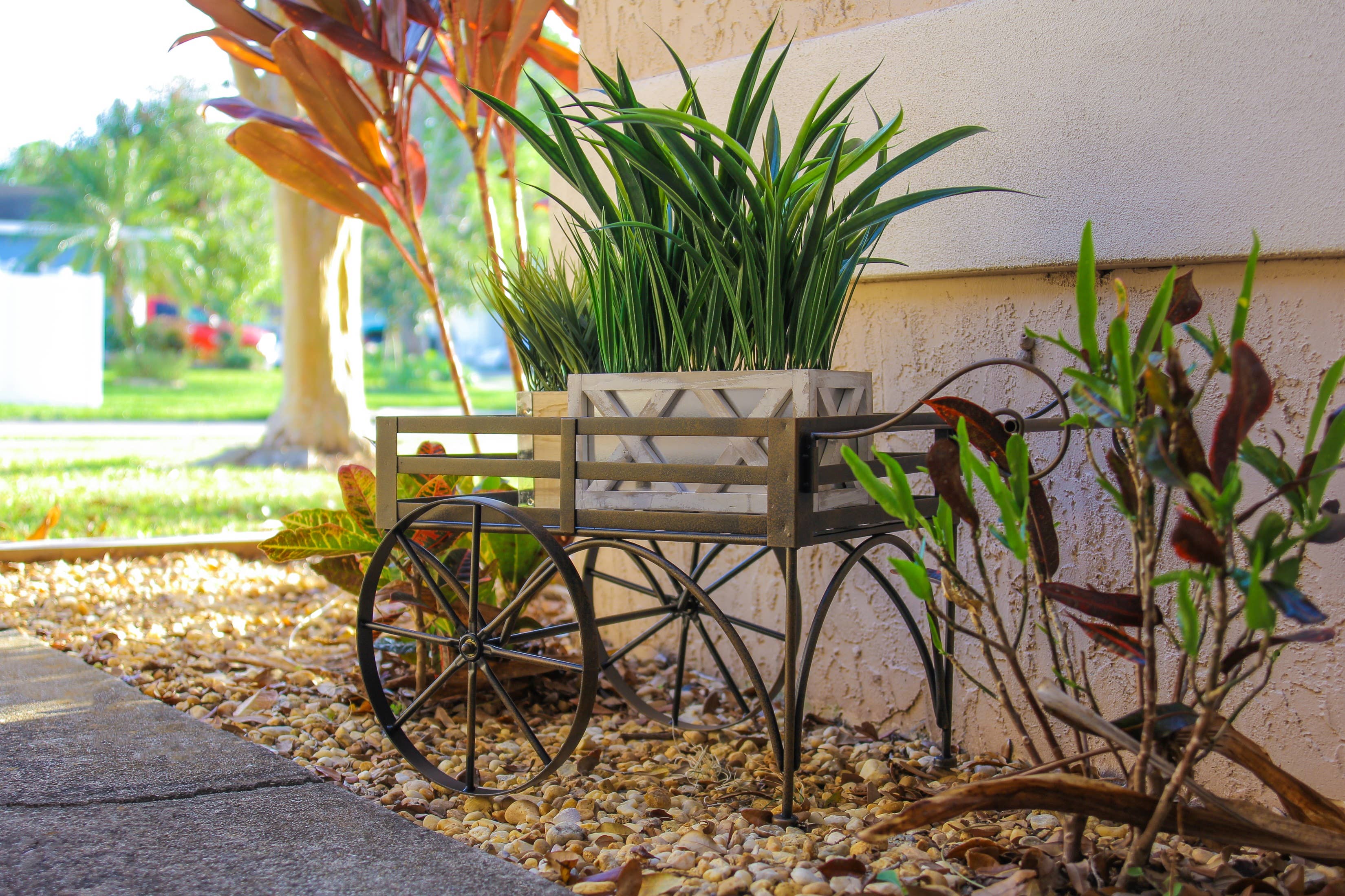 Zeckos - Wholesale Plant Pot Stand - 26 Inch Rustic All Metal Wagon Cart Plant Stand7