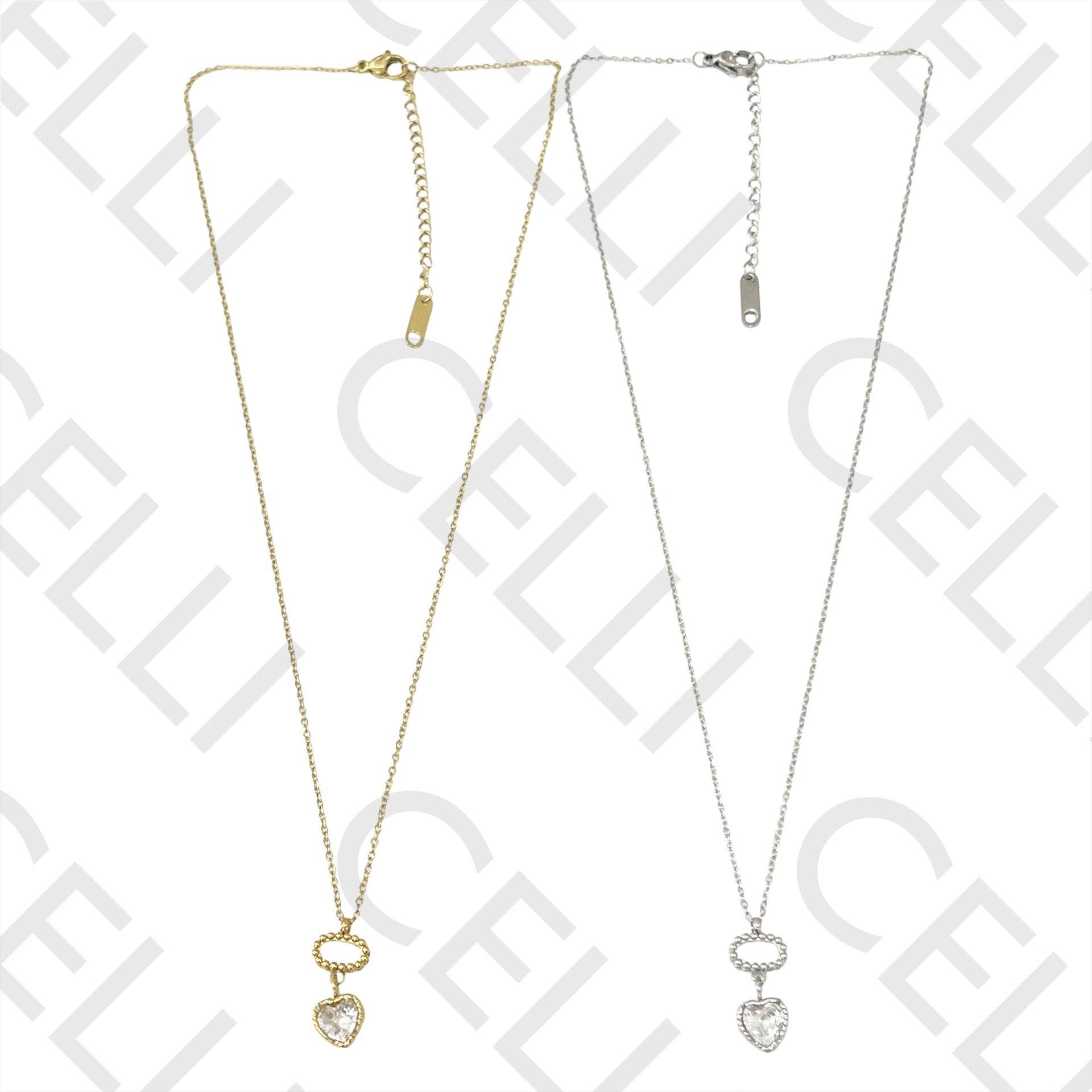 Celli Biju - Wholesale Bib Necklace - Steel Necklace - heart with diamond3