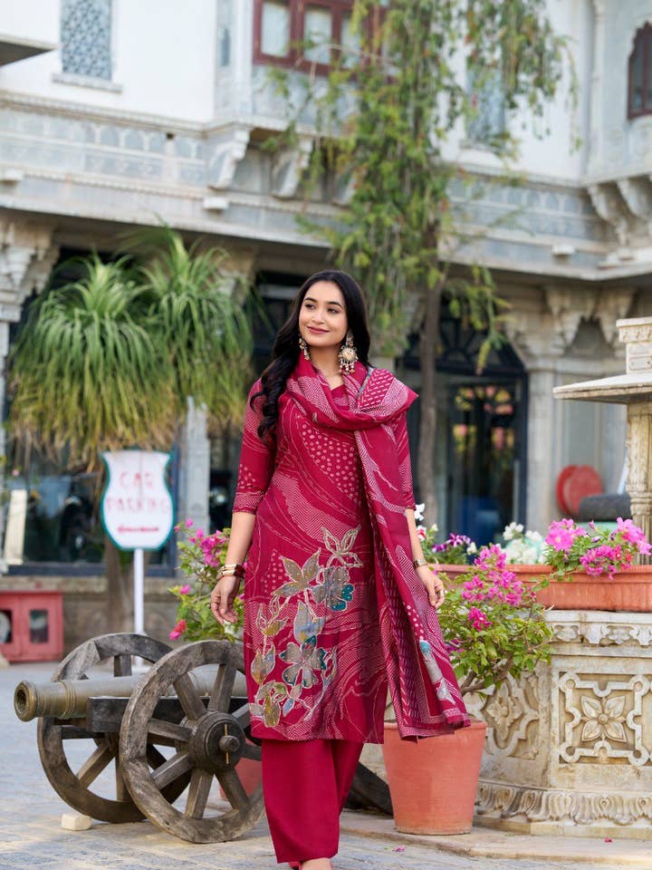 India shopping - Wholesale Top & Pant Set (NOT Loungewear) - Women's - Roman Silk Salwar Suit Foral Print With Beets Handwork | Ready To Wear