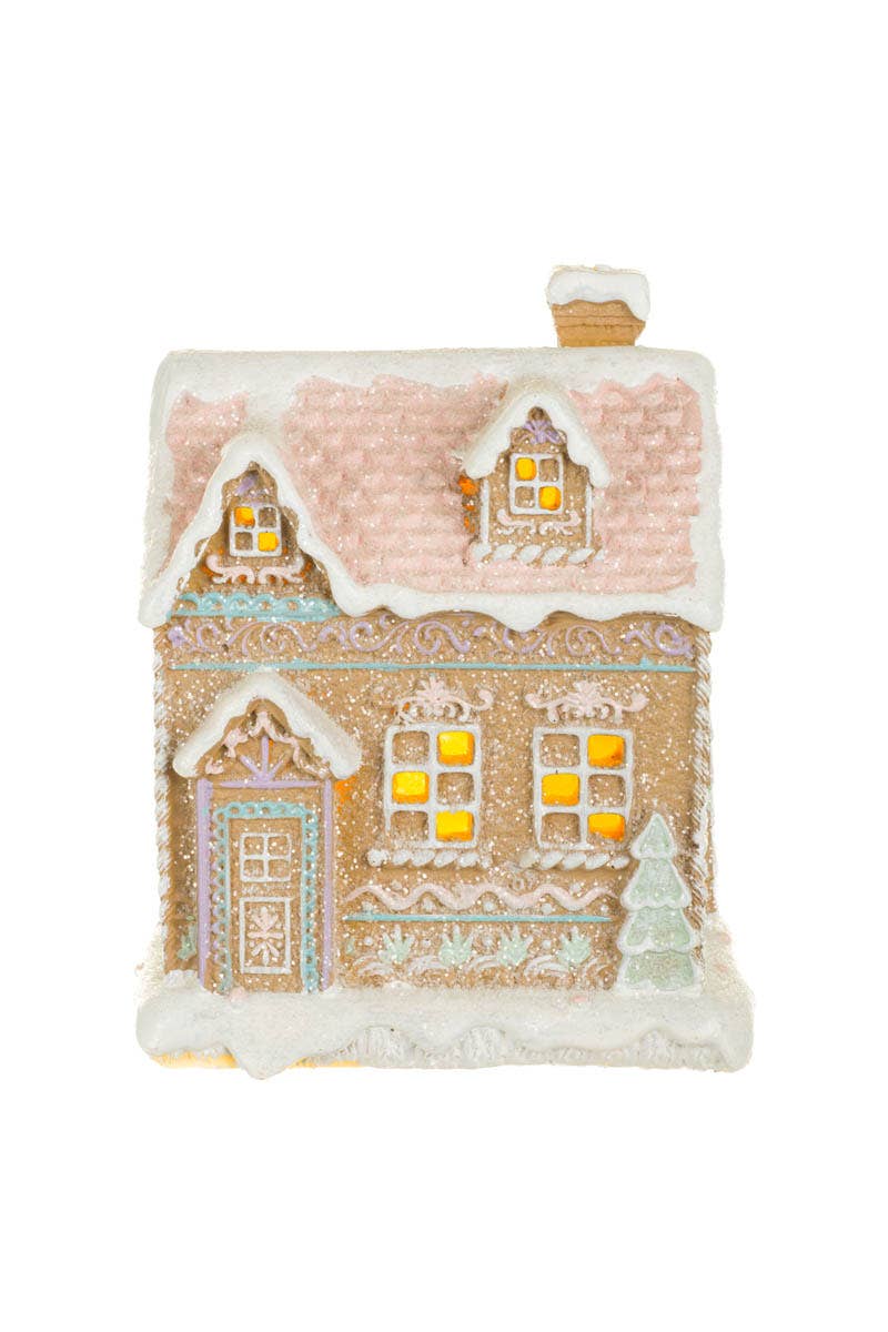 Starlight Collection - Wholesale Decorative Tabletop Object - NEW-White/Pink Led Gingerbread House W/ Snowcapped Chimney1
