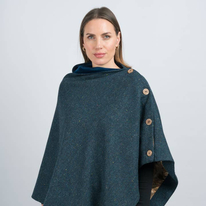 Women's Blue Herringbone Classic Tweed Cape for wholesale by Celtic Tweed