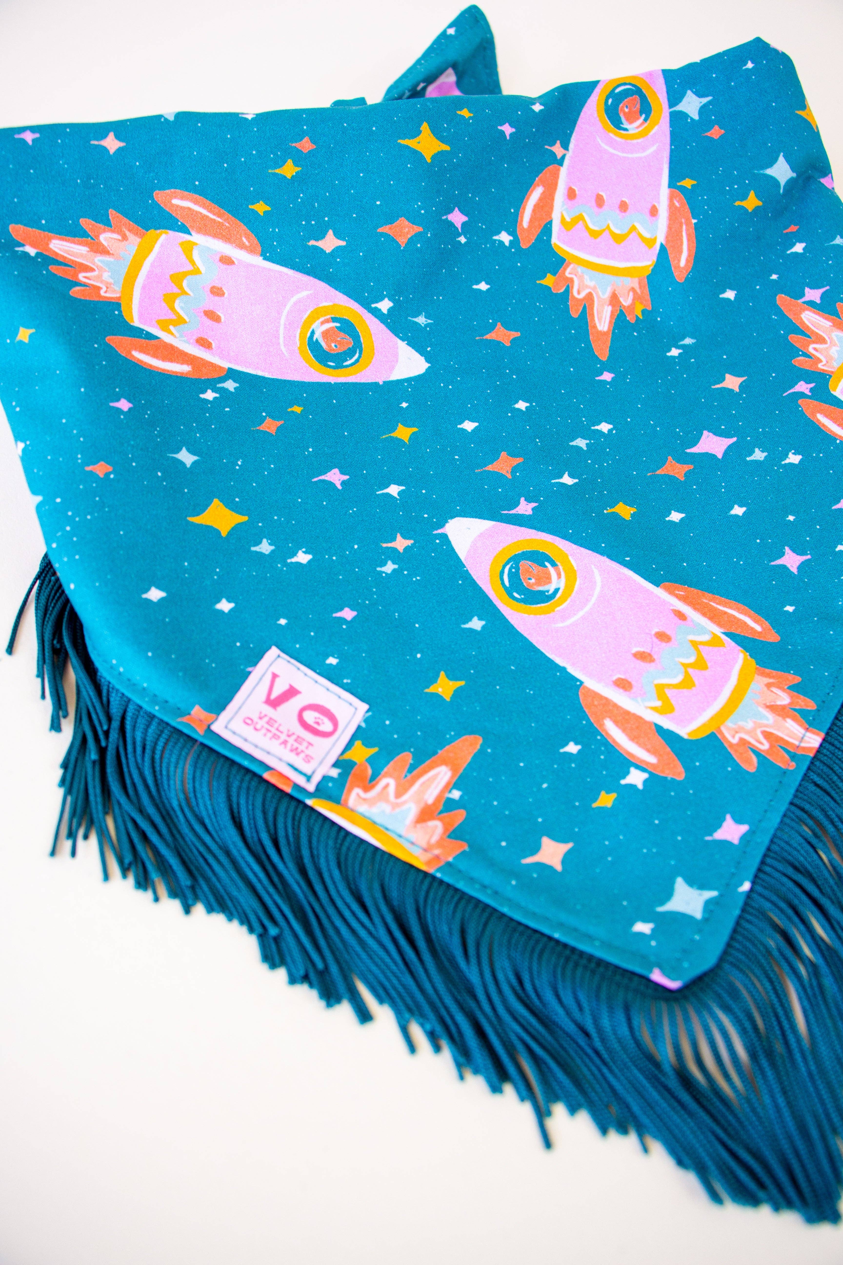 Velvet Outlaw - Wholesale Pet Bandana - Dog - Space Cowboys with Teal Fringe Dog Bandana10