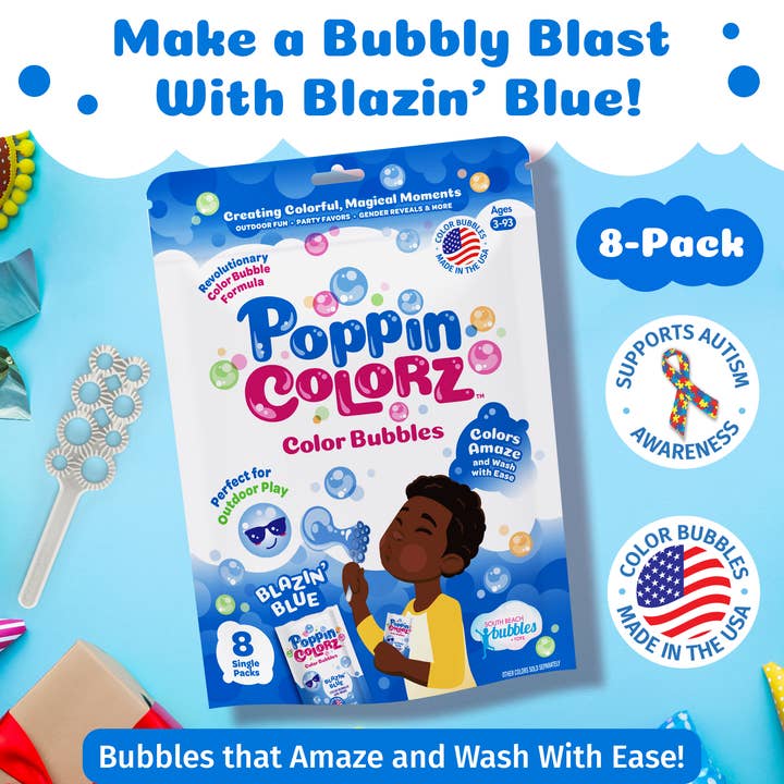 South Beach Bubbles - Wholesale Bubble Wand - Kids - PoppinColorz Blazin' Blue Color Bubbles-8 Party Favors(Case)