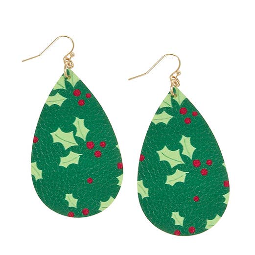 Green Mistletoe Print Leather Teardrop Earrings, 3" for wholesale by Kaleidoscope Accessories