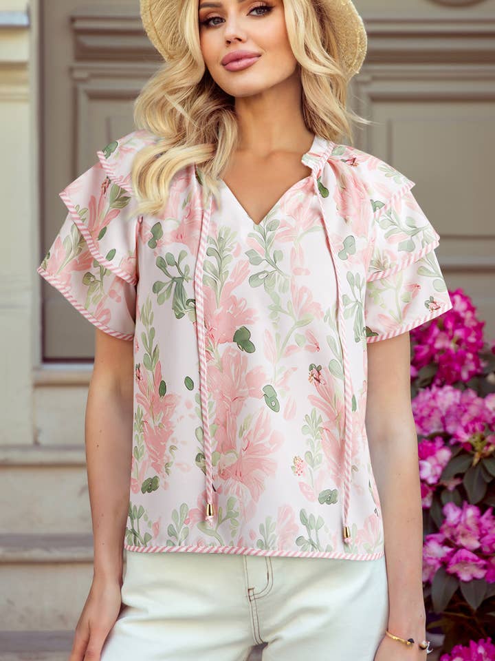 Striped Contrast Tiered Ruffled Sleeve V Neck Blouse for wholesale by 1 the Woman