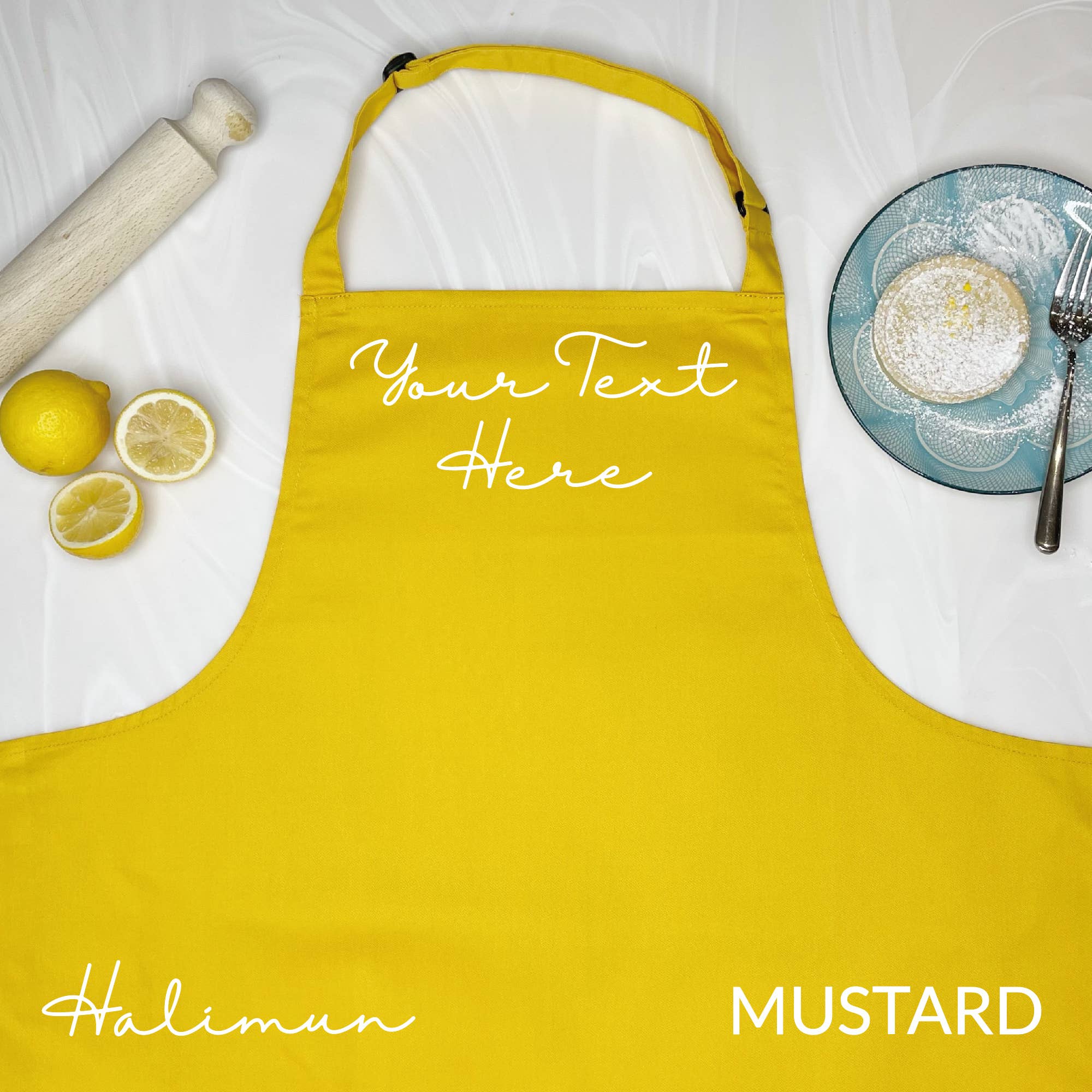 Lovetree Design - Vente Tabliers - Tablier moutarde personnalisé4