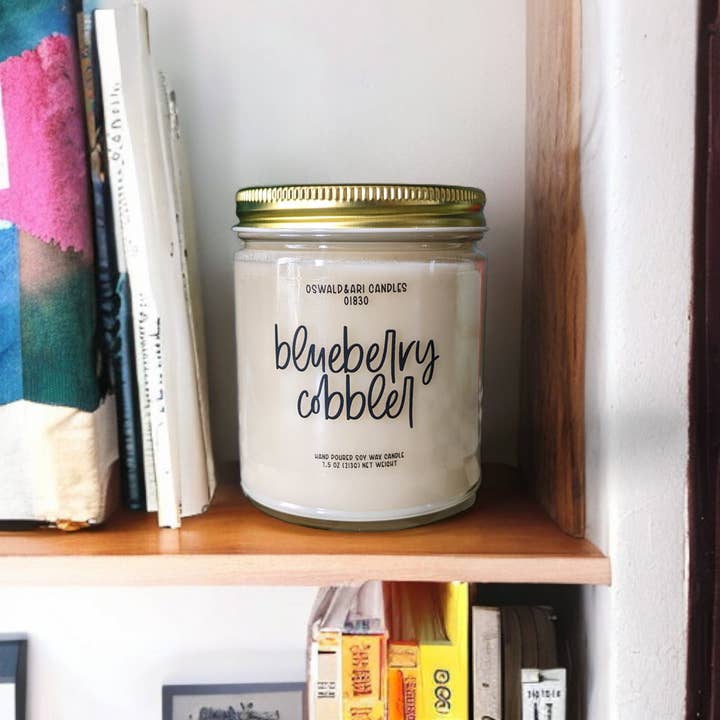 Blueberry cobbler hand poured soy candle, dessert candle for wholesale by Oswald and Ari