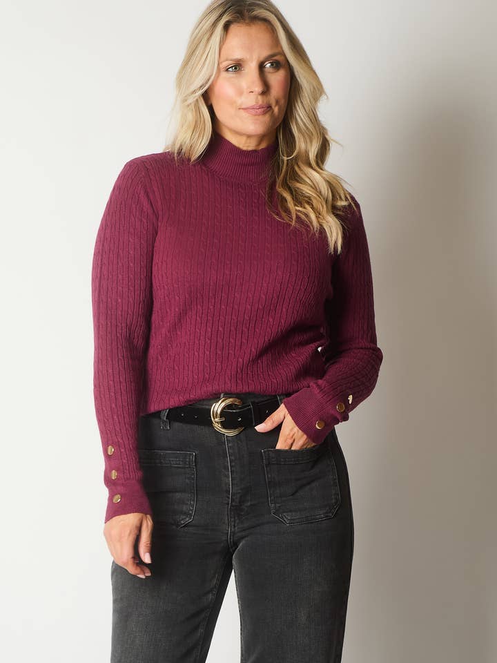 Cable Knit Jumper with Gold Buttons - Plum for wholesale by SOLO
