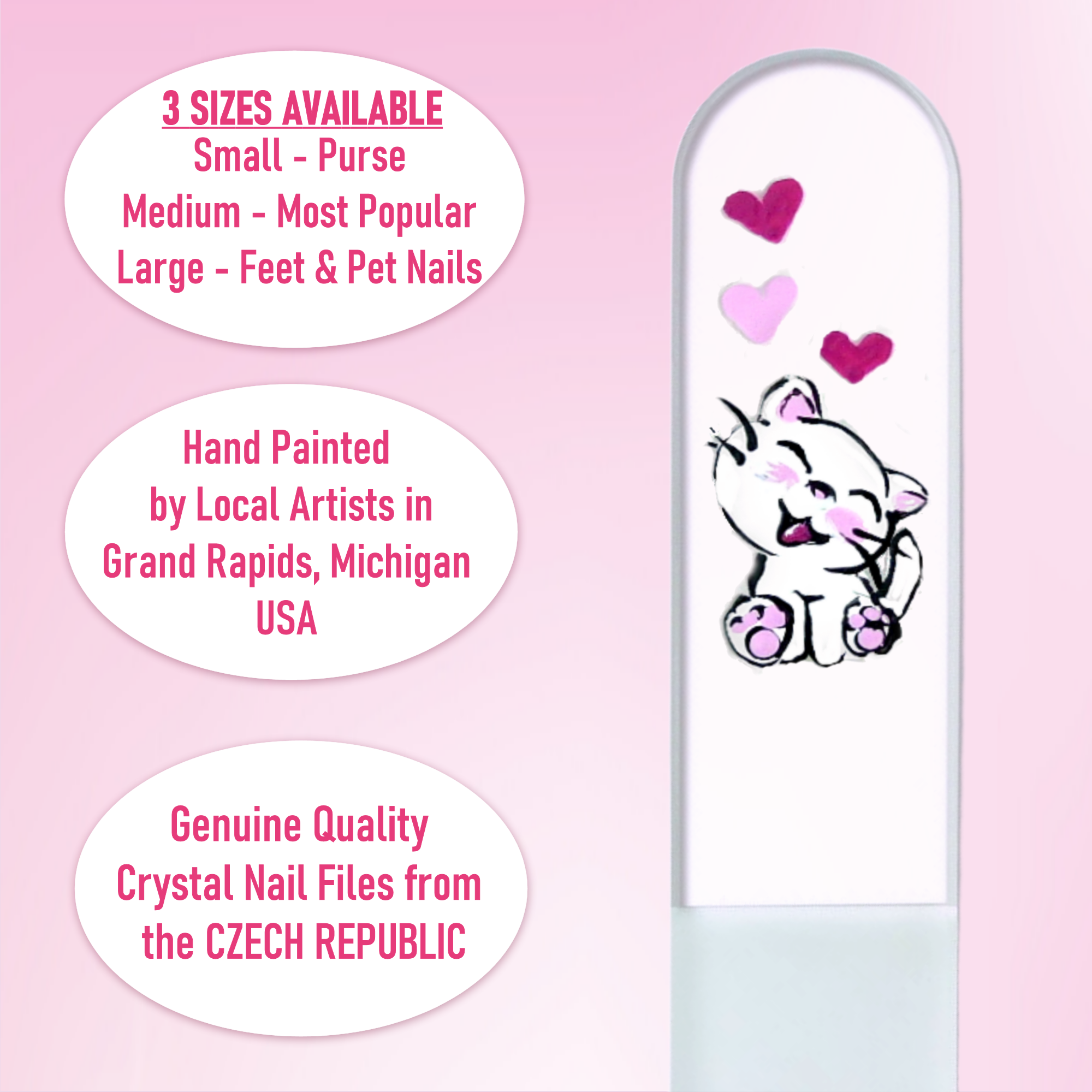 Classy Nail Files - Vendita all'ingrosso Lime per unghie - Lima per unghie in cristallo dipinta a mano con gattino bianco e cuore.7