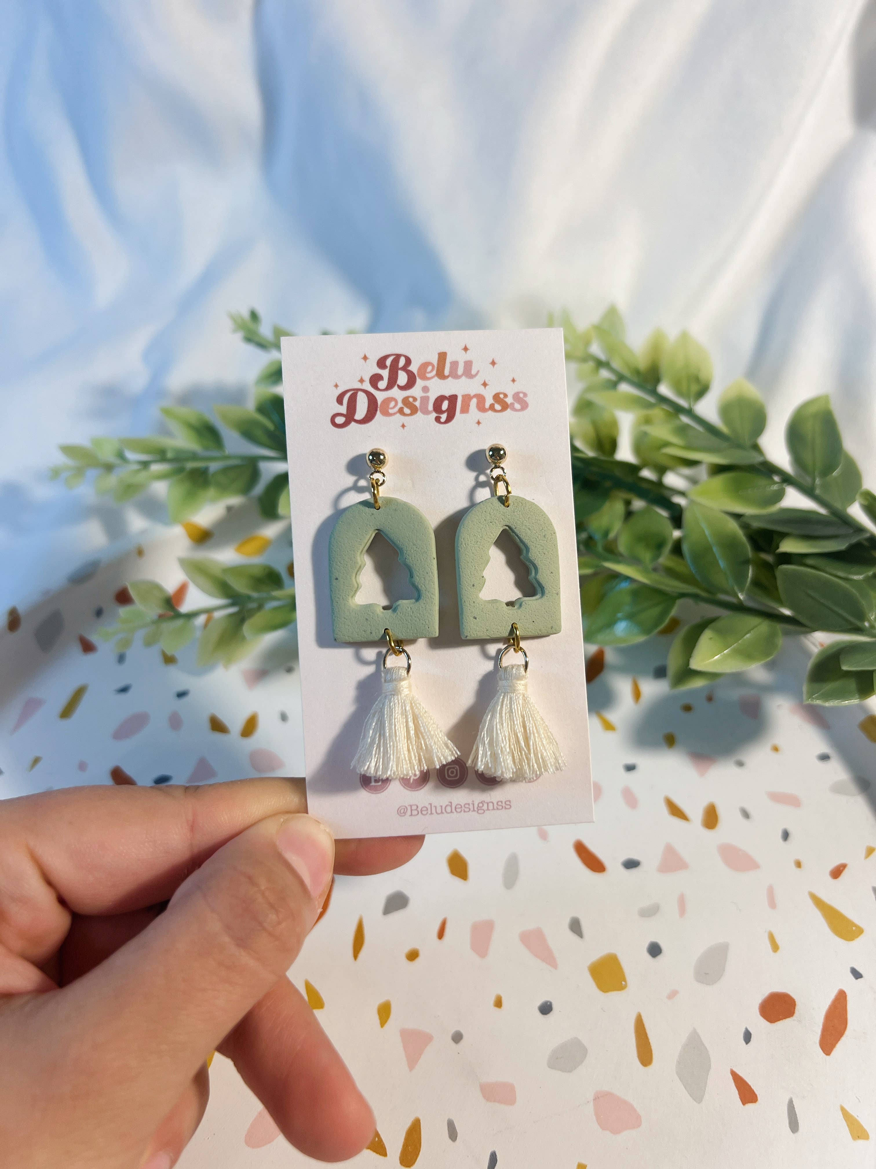 Belu Designss - Wholesale Dangle Earrings - Christmas tree cut out with tassel polymer clay earrings2