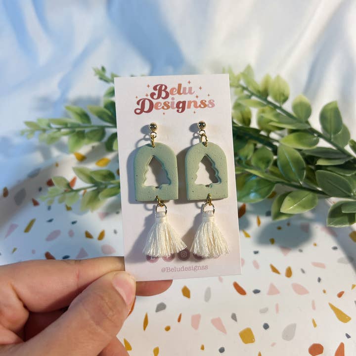 Belu Designss - Wholesale Dangle Earrings - Christmas tree cut out with tassel polymer clay earrings2