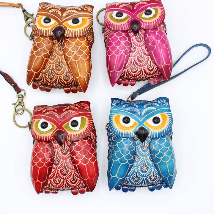 Portamonete a polsino in pelle a forma di gufo per la vendita all'ingrosso da parte di Sunflower Handmade leather inc