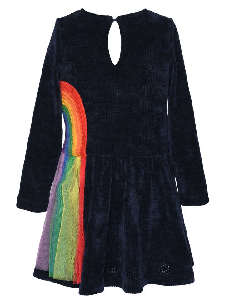 NAVY L/S SWEATER DRESS W/ RAINBOW TRIM DETAIL for wholesale on Faire