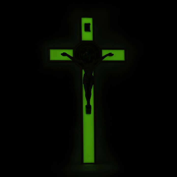 RM Trading - Wholesale Wall cross - Glow in Dark St. Benedict 8" Wall Crucifix with Gold Edging1