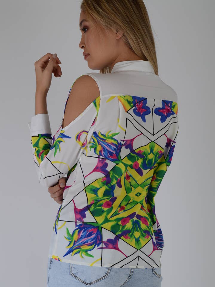 LMS Weißes Seidenhemd mit kalter Schulter für den Großhandel von LoveMyStyle