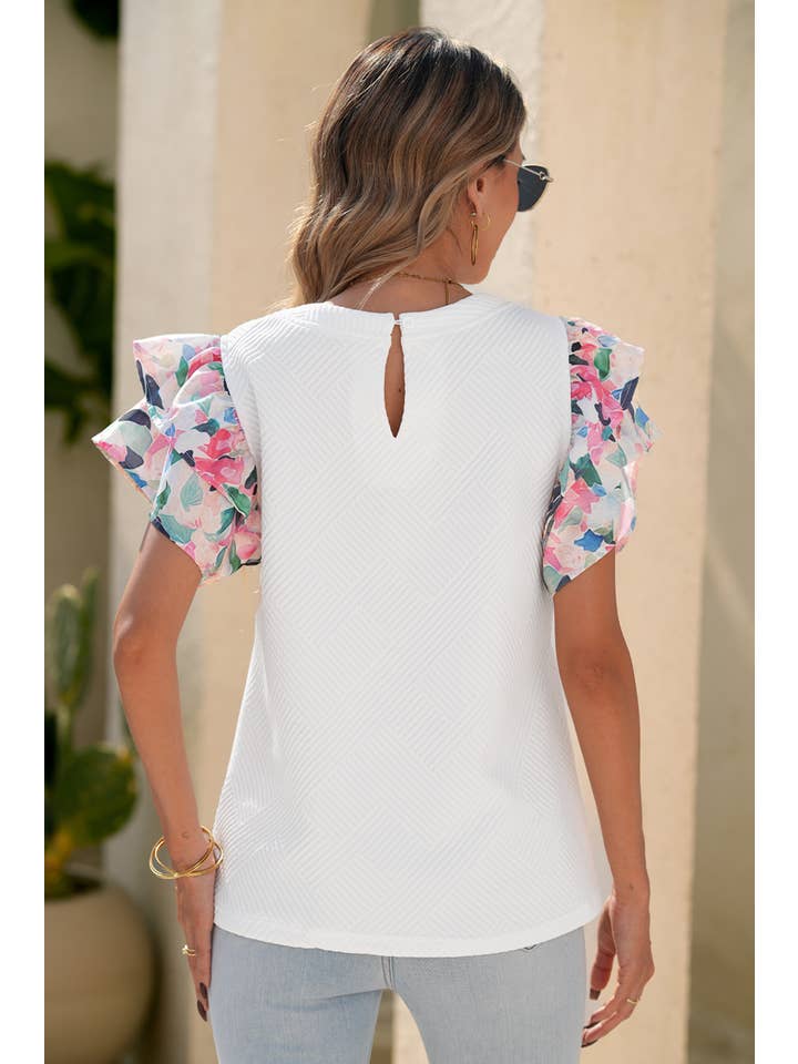 White LDC Abstract Print Tiered Ruffled Sleeve Textured Knit Top for wholesale on Faire