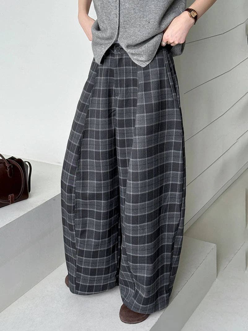 Simple Moderne – Großhandel Hose – Damen – Gotische Karo-Superweite Hose — Graues Fensterkaro10