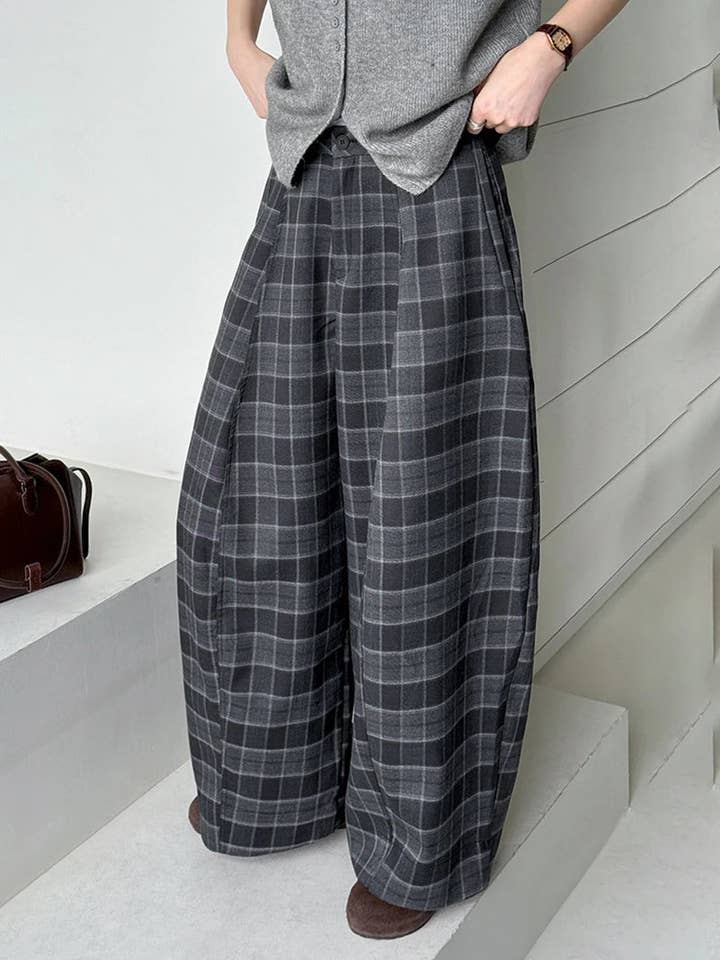 Simple Moderne – Großhandel Hose – Damen – Gotische Karo-Superweite Hose — Graues Fensterkaro10