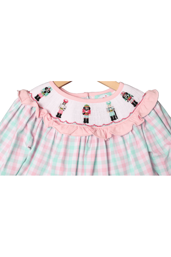 The Smocked Flamingo – wholesale Bodysuit (non-footed) – Baby – Smocked Pink and Mint Gingham Nutcracker Bubble1