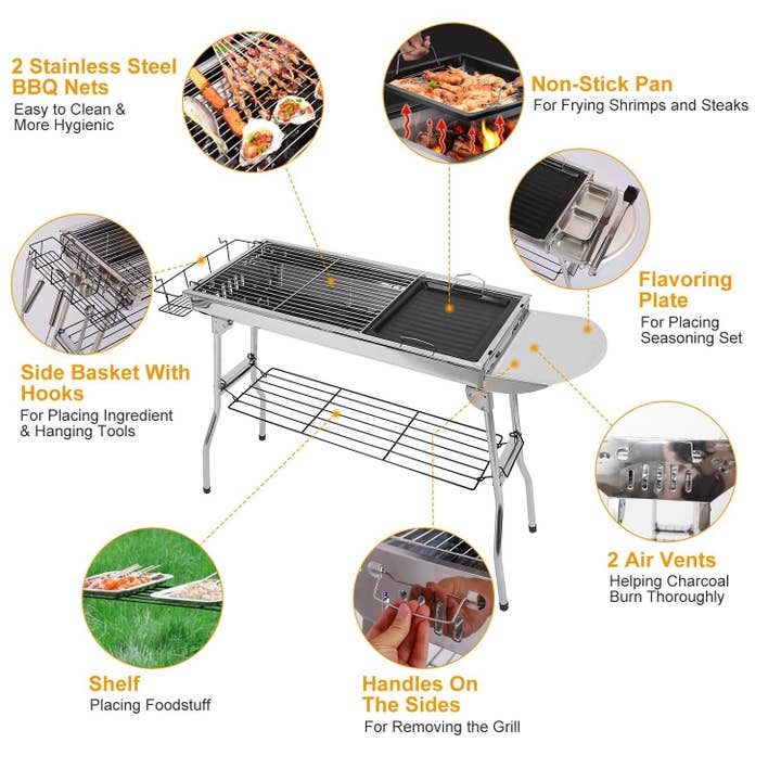 Silver Foldable BBQ Grill Portable Charcoal Barbeque Grill Stainless Steel BBQ Grill For Picnic Camping Backyard Cooking for wholesale on Faire1