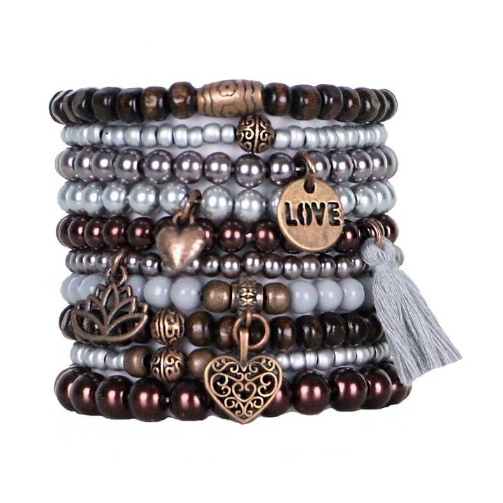 Handmade Beaded Stretch Bracelets in Browns & Silver for wholesale by Bohemian Bracelets