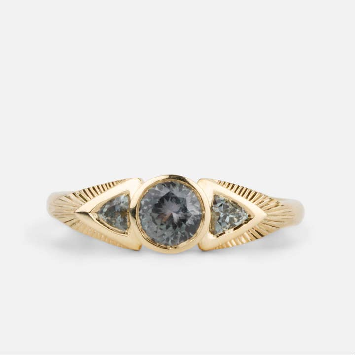 .60ct Three-Stone Athena Engagement Ring - Grey-Green Montana Sapphires in 14k Yellow Gold for wholesale by Corey Egan