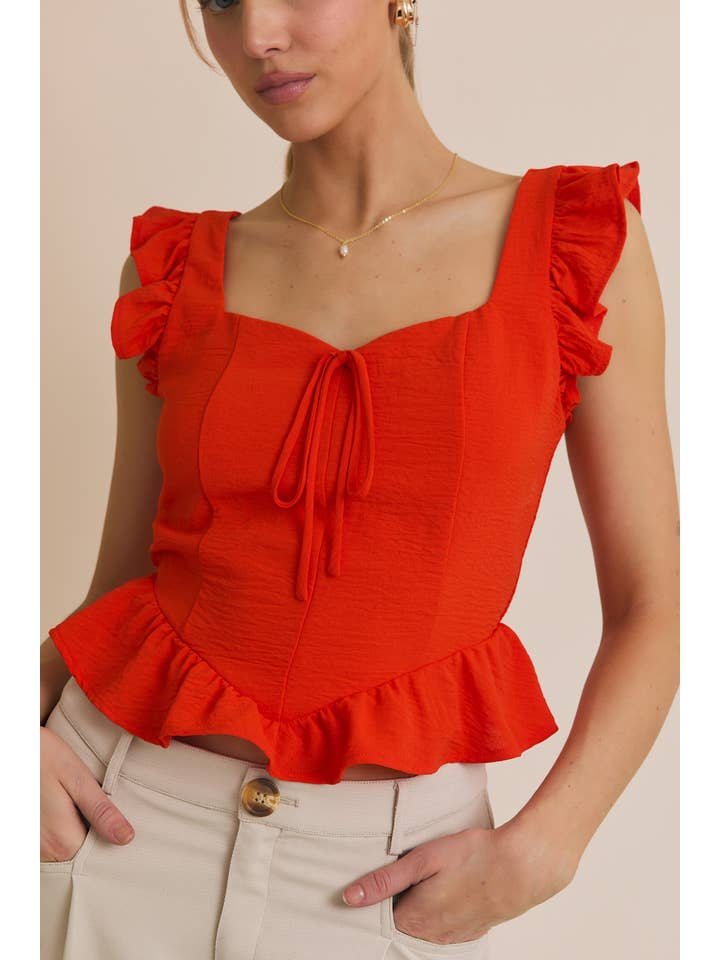 Rouge Haut à manches à volants avec encolure en cœur et nœud devant en vente sur Faire6
