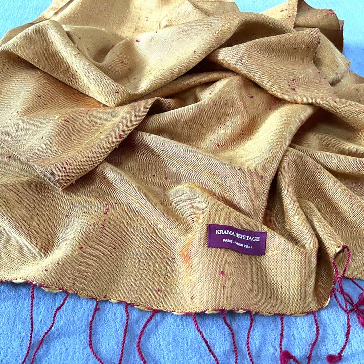 Krama Heritage - Wholesale Scarf - Women's - The Grand Textured Gold Krama in its palm leaf case - Woman4