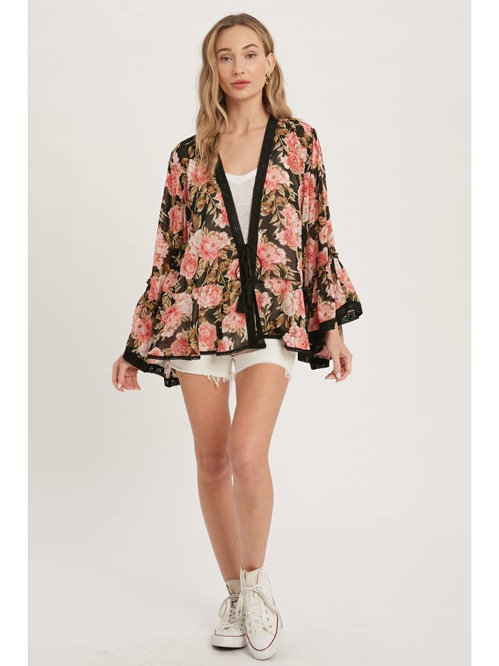 Bluivy - Wholesale Kimono - Women's - FLORAL RUFFLED BELL SLEEVES KIMONO