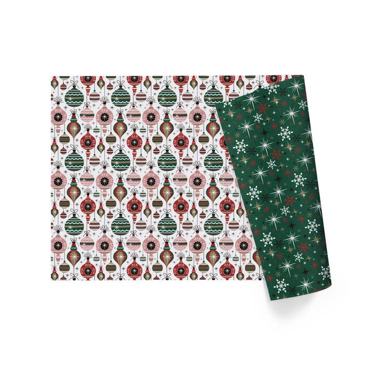 LA Ribbons Wholesale - Wholesale Wrapping Paper Roll - 24" x 417" Reversible Holiday Wrapping Paper | Retro Ornaments/Retro Snowflakes and Stars
4