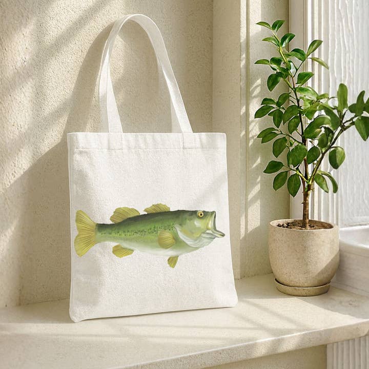 Canvas Tote Bag with Largemouth Bass Illustration for wholesale by MerikaArt