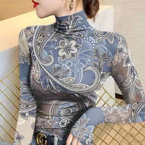 Lange ærmer Tynde blomsterprint T-shirts med høj hals for engroshandel hos Sheer Trend