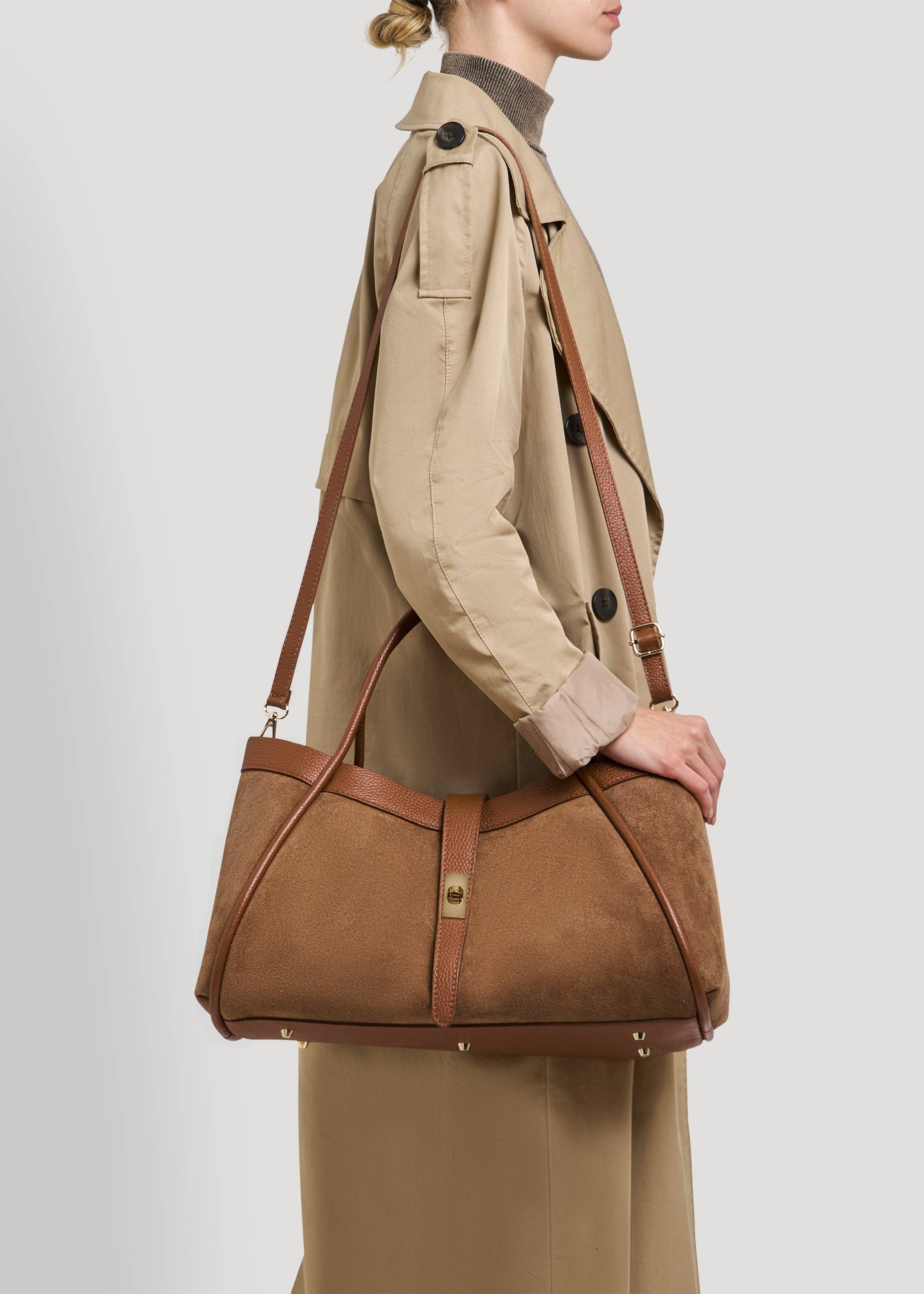 Voemièn - Wholesale Top Handle Bag - Women's - Mayfair Bag in Tan Suede and Togo Leather6