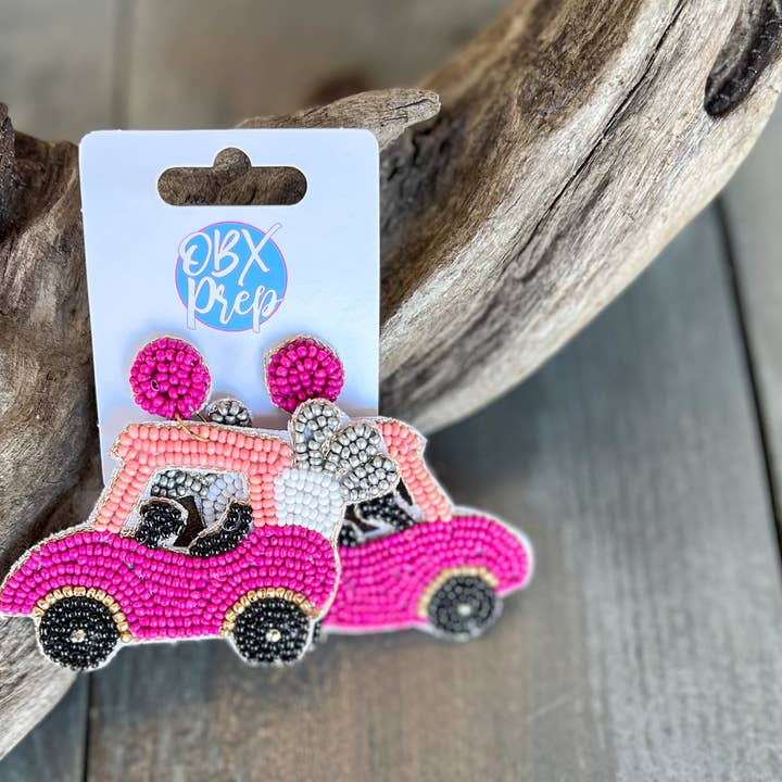 Hot Pink Golf Cart Seed Bead Drop Earrings for wholesale by OBX Prep