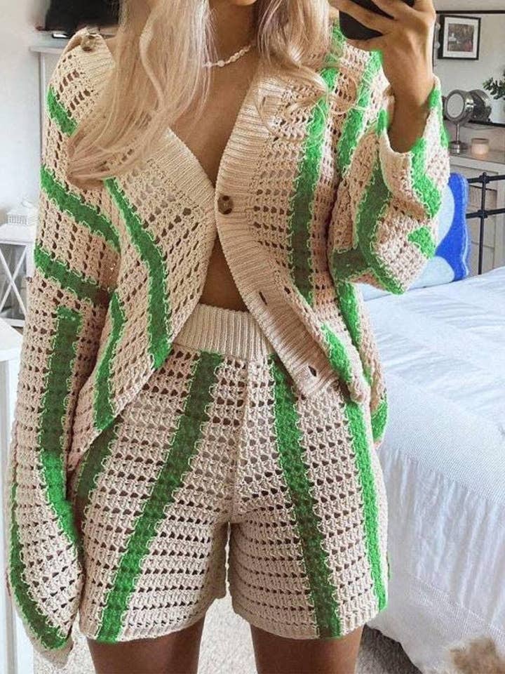 Sweetkama - Wholesale Top & Short Set (NOT Loungewear) - Women's - Ladies Hollow Out Stripe Top & Short 2PCS Knit Set SKST039