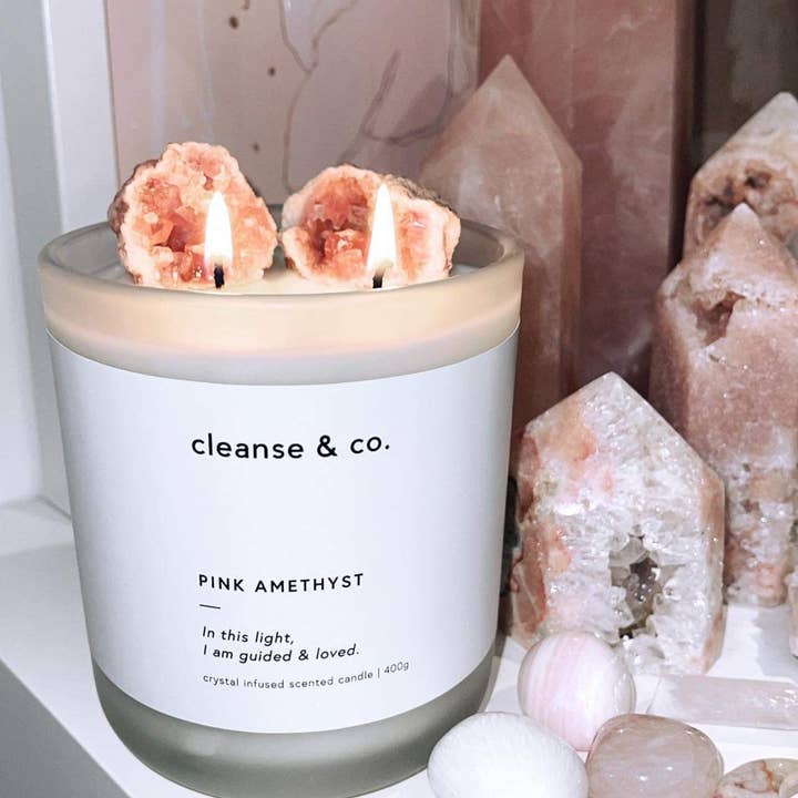 Cleanse & Co. - Wholesale Jar/filled candle - Pink Amethyst Intention Crystal Candle - guided & loved