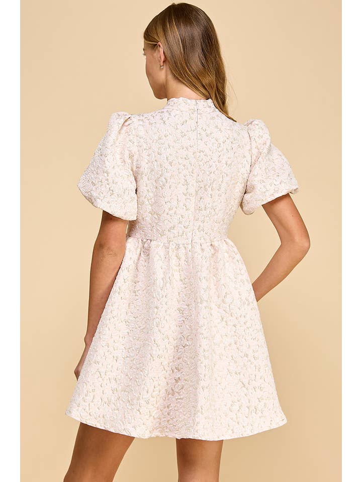 TCEC - Wholesale Dress - Women's - CD05250-Jacquard Puff Sleeve Pussy Bow Detail Dress