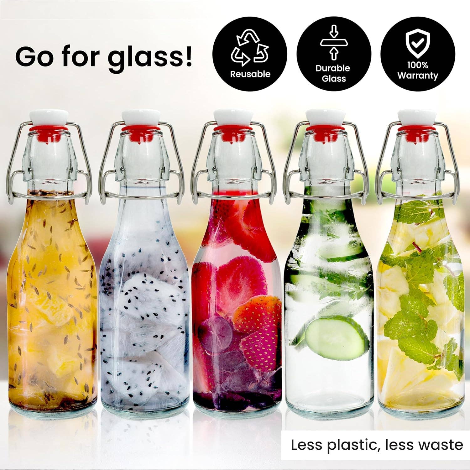 Jara Trading - Wholesale Milk/Juice Bottle - Swing Top Bottles  - Glass Bottles with Stoppers for Homebrewing, Storage and Condiments - Flip Top Bottles for Crafts and DIY Projects, Decorative Glass Water Bottle with Lids10