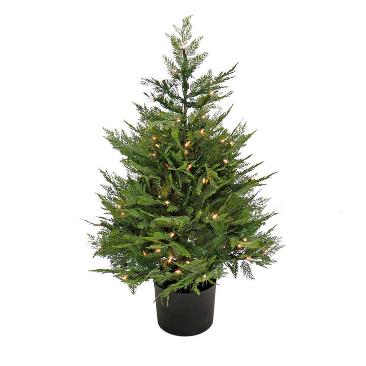 National Tree Company - Wholesale Artificial Christmas Tree - 3 ft. Pre-Lit Cypress Topiary Tree in Black Plastic Nursery Pot with Clear Lights