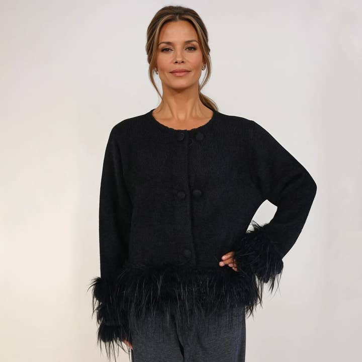 Feather-Trim Cropped Double Row Buttons Cardigan for wholesale by PEACH ACCESSORIES