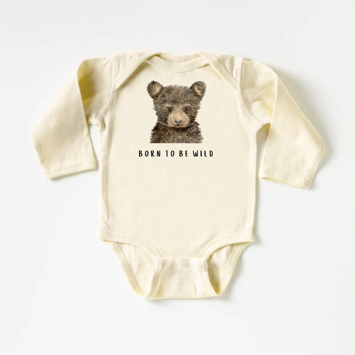 Born to be Wild Bear Long-sleeve Onesie® for wholesale by WLDFLWR Studio