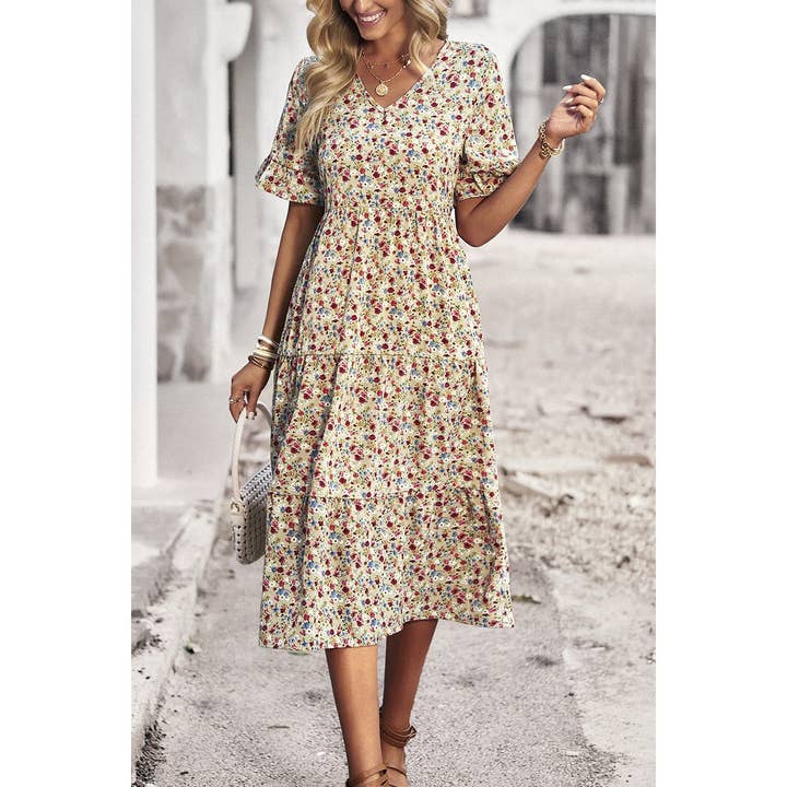 Supreme Fashion - Wholesale Dress - Women's - Boho Floral Ruffle Hem V Neck Short Sleeve Dress