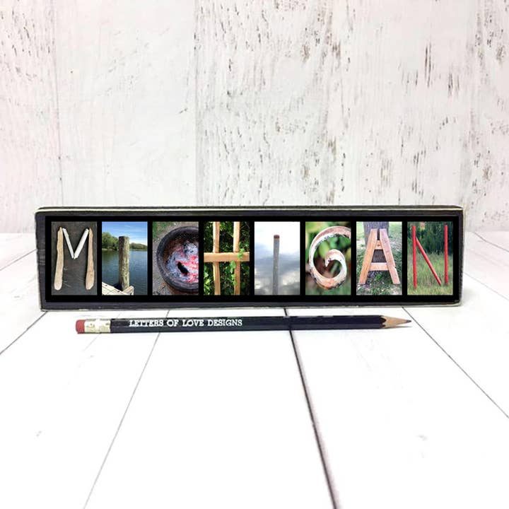 Michigan Gift, Michigan Decor, Michigan Sign Travel Art for wholesale by Letters Of Love Designs