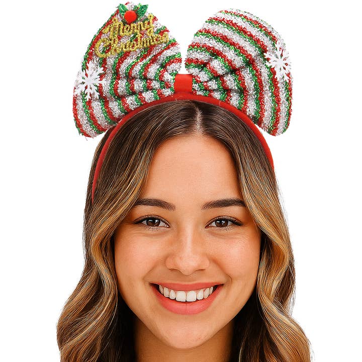 ASSORTED Christmas Mistletoe Ribbon Bow Tinsel Hairband for wholesale on Faire1