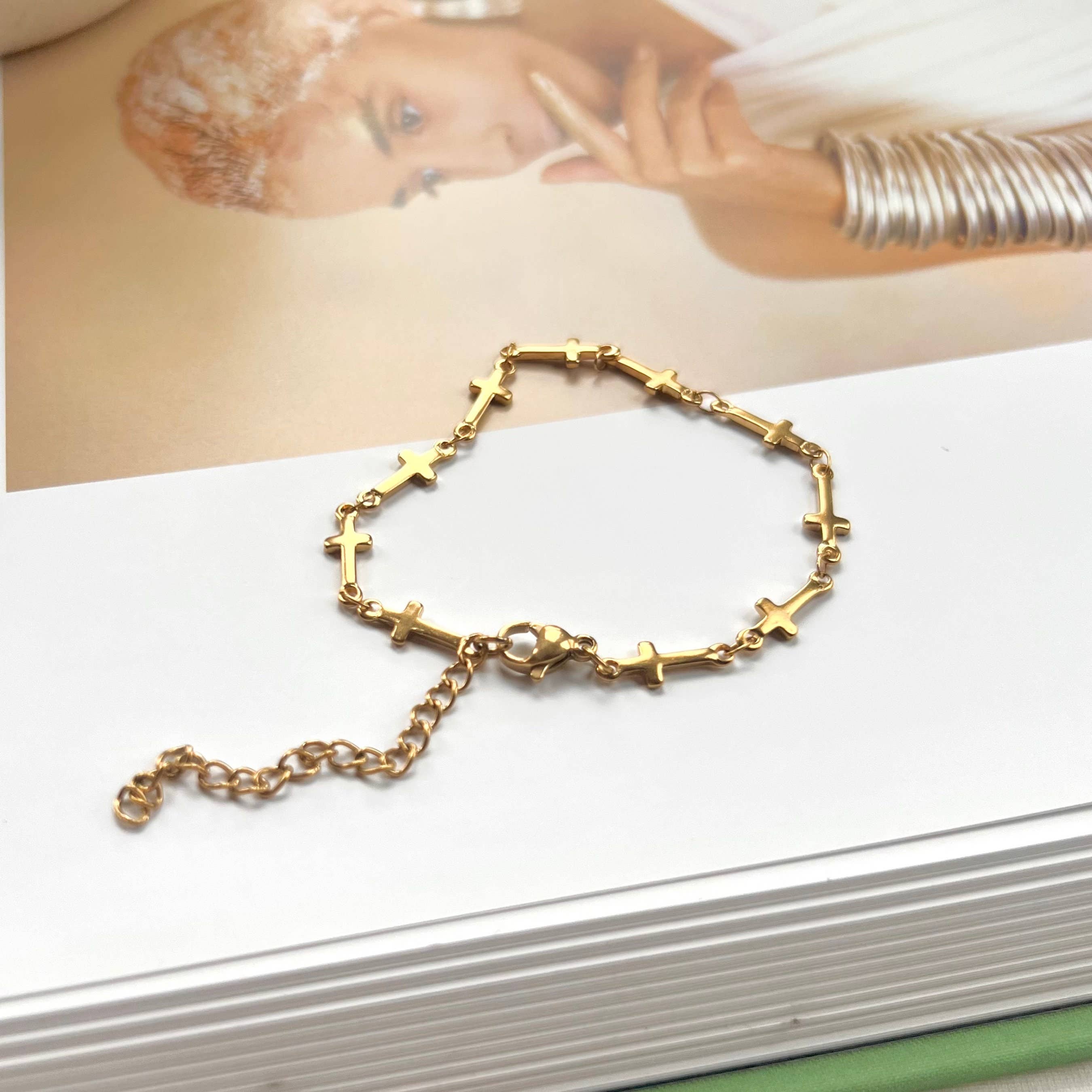 Rossie Jewellery – wholesale Link & chain bracelet – 18k Gold Dainty Cross Chain Bracelet Gift for Her1