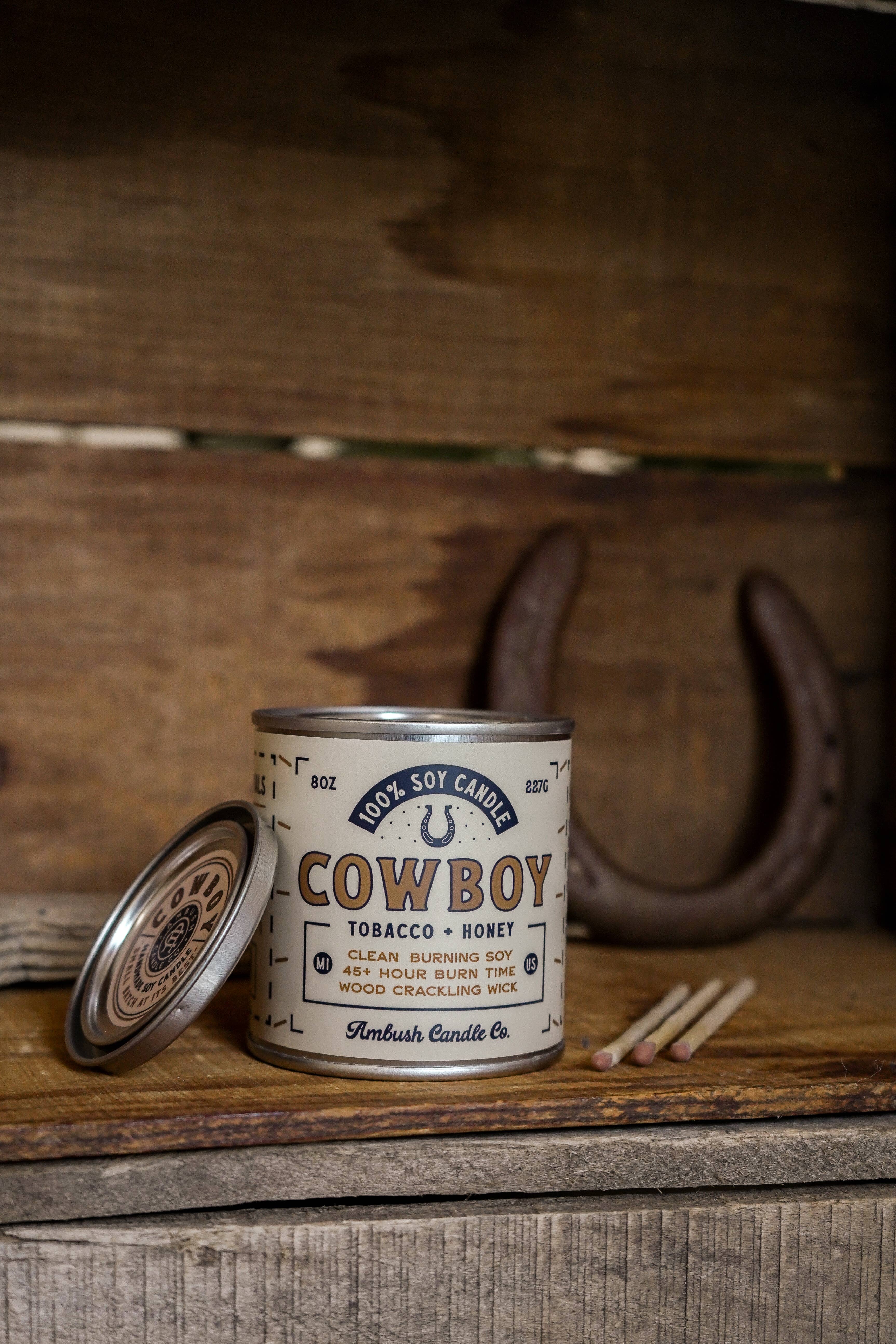Ambush Candle Co. – wholesale Jar/filled candle – Cowboy | Tobacco + Honey 8oz Soy Candle15