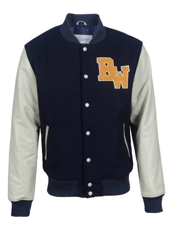 Blue Wellford - Wholesale Bomber Jacket - Men's - Varsity CHAR leather jacket with wool sleeves