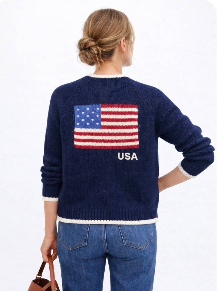 Navy Flag crop cardigan. for wholesale by Pink Pineapple